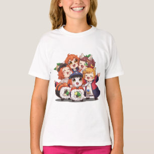 Moeie Chibi Anime Meisjes Sushi Groep Kunst T-shirt