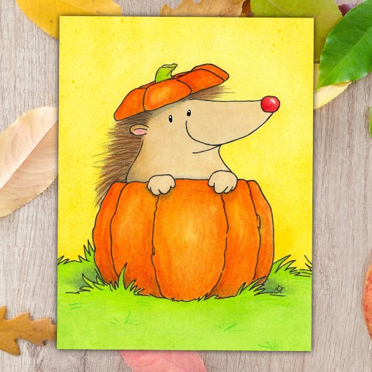 Moeie egel in pompoen herfst briefkaart