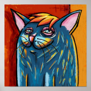 Moeie Gelukkige Blauwe Kat Digitale Oliepastel Poster