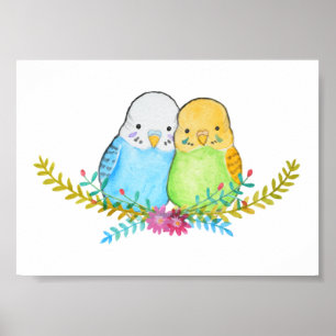 Moeie grasparkieten met bloemen Parkiet Huisdier P Poster