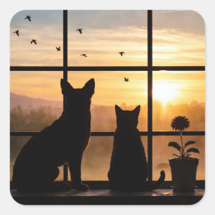 Moeie kat- en hond bloempot raam vierkante sticker