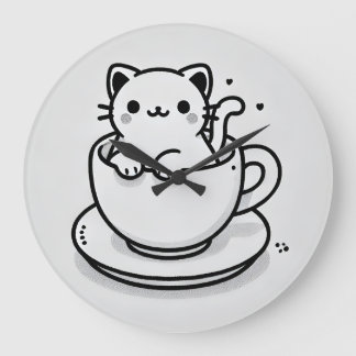 Moeie Kat in Theekop Muurklok Grote Klok
