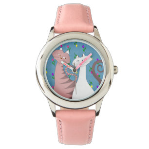 Moeie Katten Bloemige Achtergrond Meisje Roze Horl Horloge