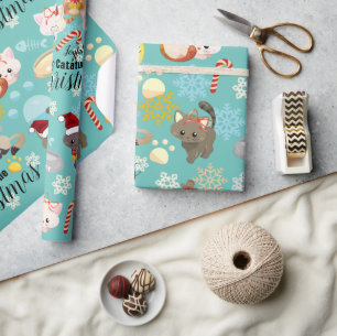 Moeie Katten Kerstpatroon Pootjes, Sneeuwvlokken T Cadeaupapier