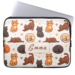 Moeie kattenpatroon Aangepaste monogram naam Kinde Laptop Sleeve