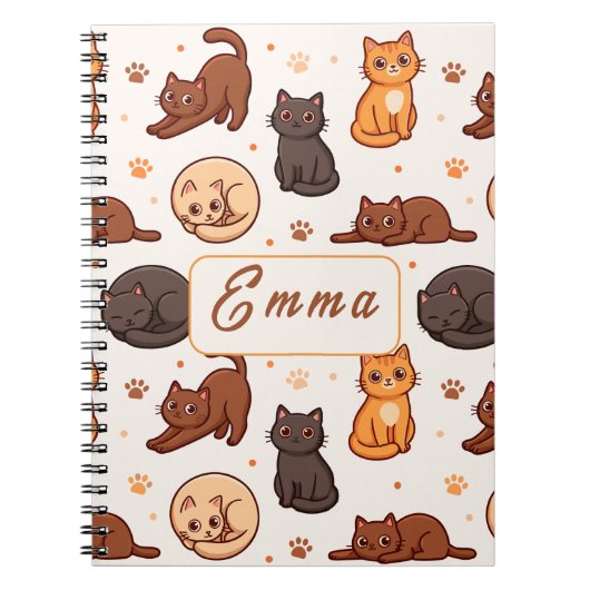 Moeie kattenpatroon Aangepaste monogram naam kinde Notitieboek (Voorkant)