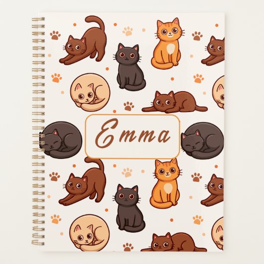 Moeie kattenpatroon Aangepaste monogram naam kinde Planner (Voorkant)