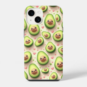 Moeie Kawaii Avocado en Roze Harten Patroon Zoet iPhone 14 Hoesje