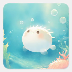 Moeie Kawaii Kogelvis Waterverf Onder de Zee Vierkante Sticker