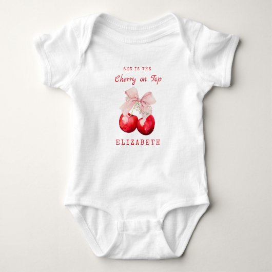 Moeie kers op de roze strik baby romper (Voorkant)