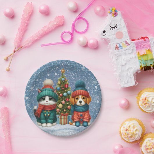 Moeie Kerstpuppy & kitten Papieren Bordje (Feest)