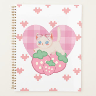 Moeie Kitten & Aardbei Roze Hart Spiraal Notebook Planner