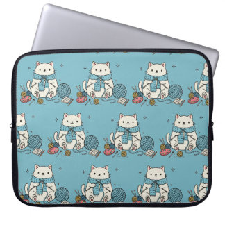 Moeie Kitten Breiend Blauw Patroon Tech Accessoire Laptop Sleeve