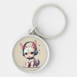 Moeie kitty met hoofdtelefoon bedel sleutelhanger