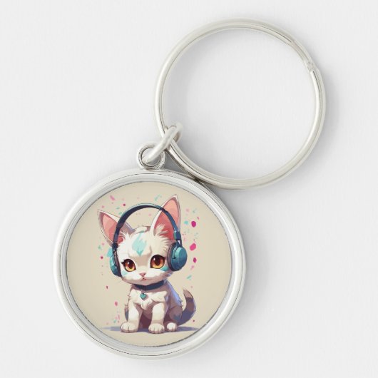 Moeie kitty met hoofdtelefoon bedel sleutelhanger (Voorkant)