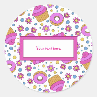 Moeie kleurrijke cupcake-, bloem- en bagel bladwij ronde sticker