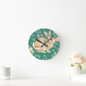 Moeie Konijn Bloemmotief Teal Kleur Ronde Klok (Huis)
