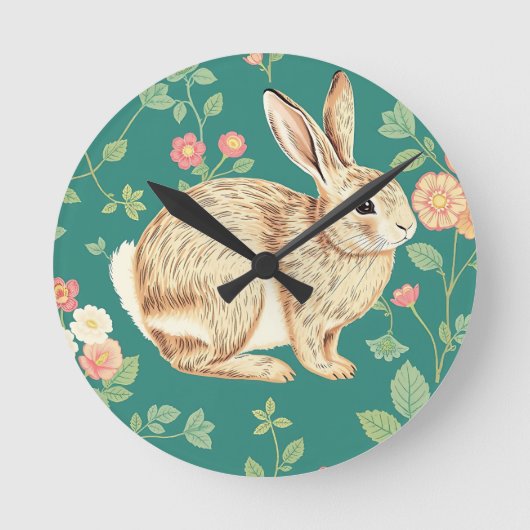 Moeie Konijn Bloemmotief Teal Kleur Ronde Klok (Voorkant)