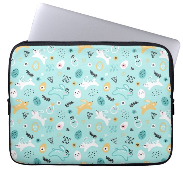 Moeie Konijn Pasen Patroon Kawaii Konijnen Eieren Laptop Sleeve (Voorkant)