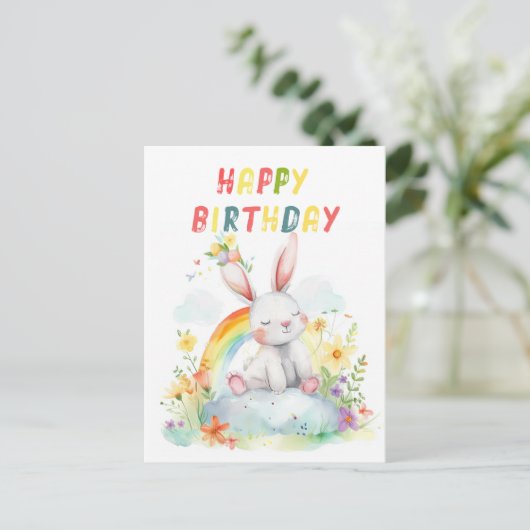 Moeie Konijn Regenboog Kleurrijke Gelukkige Verjaa Briefkaart (Staand voorkant)
