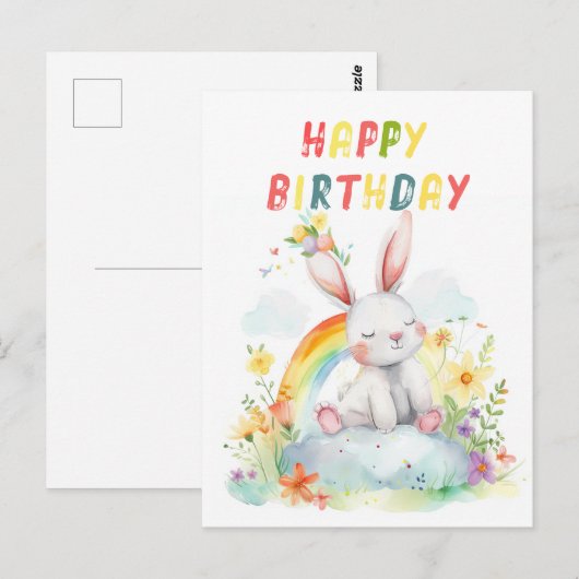 Moeie Konijn Regenboog Kleurrijke Gelukkige Verjaa Briefkaart (Voorkant / Achterkant)