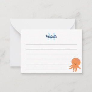Moeie Octopus Cartoon Aangepaste Gelinieerde Monog Notitiekaartje