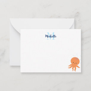Moeie Octopus Cartoon Gebruiksmonogram Notitiekaartje