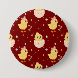 Moeie Paas Kuiken met Roze Strik Naadloos Patroon  Ronde Button 7,6 Cm