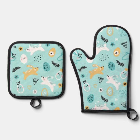Moeie paashaas patroon Kawaii konijnen eieren Ovenwant & Pannenlap Set (Voorkant)