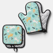 Moeie paashaas patroon Kawaii konijnen eieren Ovenwant & Pannenlap Set (Voorkant / Achterkant)