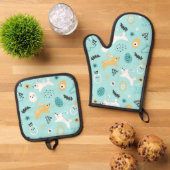 Moeie paashaas patroon Kawaii konijnen eieren Ovenwant & Pannenlap Set (Top down)