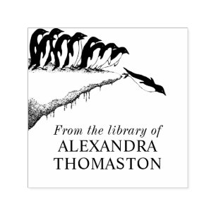 Moeie Pinguïns Cliff Duiken Bibliotheek Boeknaam Zelfinktende Stempel