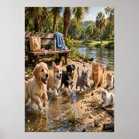 Moeie Puppies & Kittens Riviermuur  Poster (Voorkant)