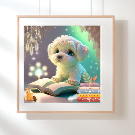 Moeie puppy die een boek leest kinderkamer kunst poster