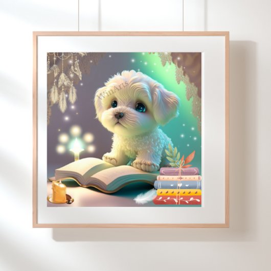 Moeie puppy die een boek leest kinderkamer kunst poster