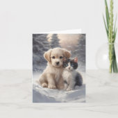 Moeie Puppy en Kitten in Sneeuw Lege Wenskaart Kaart (Voorkant)