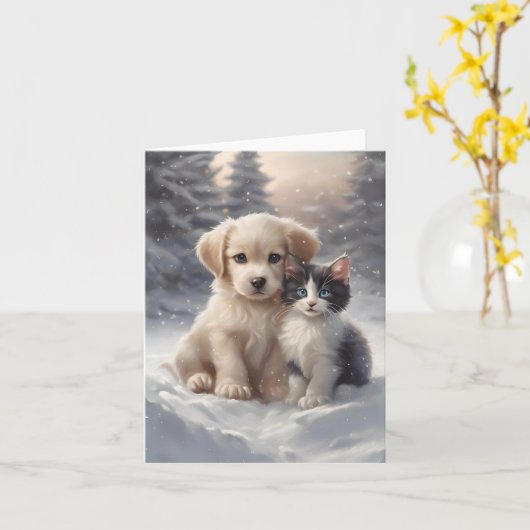 Moeie Puppy en Kitten in Sneeuw Lege Wenskaart Kaart (Gele Bloem)
