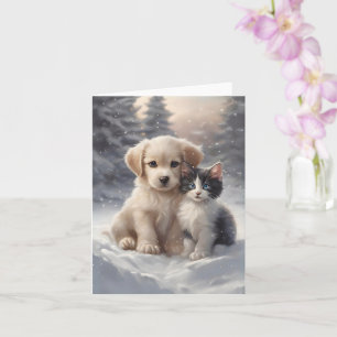 Moeie Puppy en Kitten in Sneeuw Lege Wenskaart Kaart