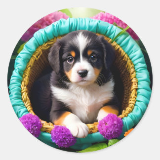 Moeie Puppy in Bloemenmand Ronde Sticker