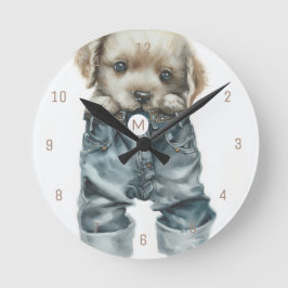 Moeie Puppy in Jeans Kunst Monogram Ronde Klok