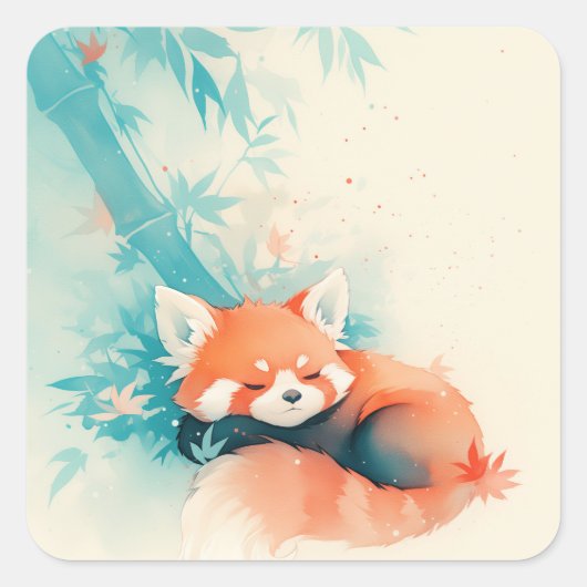 Moeie Rode Panda met Herfstbladeren Vierkante Sticker (Voorkant)