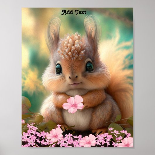 Moeie Speelse Baby Eekhoorn Roze Bloemen Poster (Voorkant)