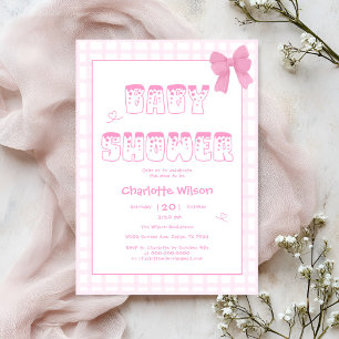 Moeie strik pastel roze geruit baby shower kaart