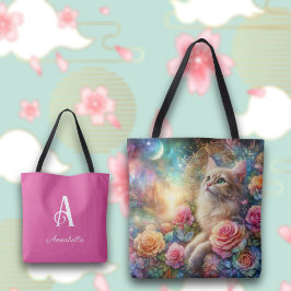 Moeie Waterverf Kat Bloemrijke Fantasie Gepersonal Tote Bag