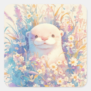 Moeie Witte Baby Otter die door Bloemen gluurt Vierkante Sticker