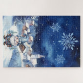 Moeilijke blauwe winter Christmas Village & Gnome Legpuzzel (Horizontaal)