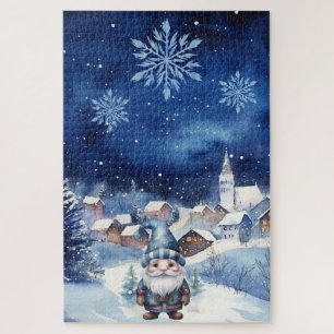 Moeilijke blauwe winter Christmas Village & Gnome Legpuzzel