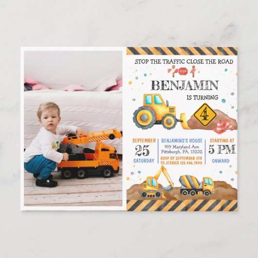 Moeilijke Bouw Truck Kinderverjaardagsfeestje Briefkaart (Voorkant)