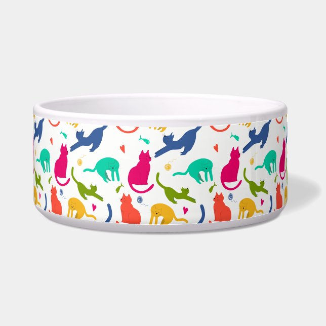 Moeilijke en Kleurrijke Kat Speelt met Voerbak Voerbakje (Voorkant)