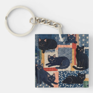 Moeilijke Japanse Zwarte Katten Patchwork  Sleutelhanger